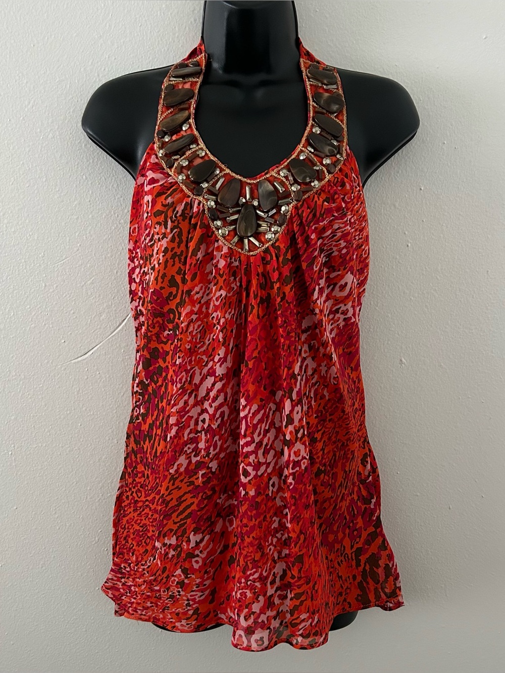 Vintage Y2K Cache Halter Top Sz S Chunky Beaded Embellished Animal Print Resort